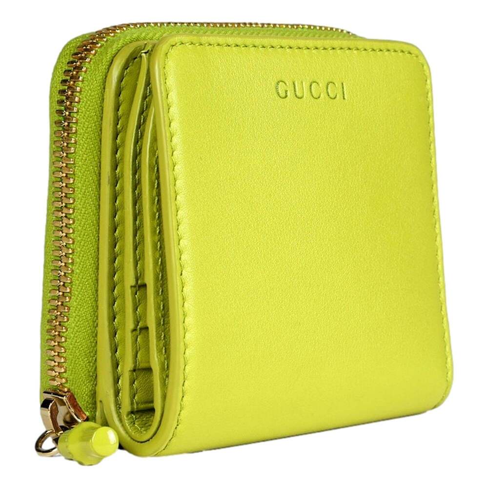 Gucci Bamboo Series Lime Green Leather Zip Around Bifold